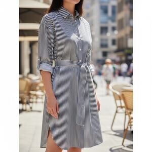 Baukjen Shirt Dress 6 Blue White Stripe Button Tie Belt Modern‎ Nautical Preppy